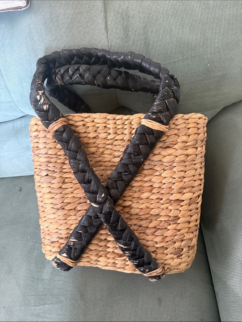 Woven Straw Tote Bag with Black Braided Handles